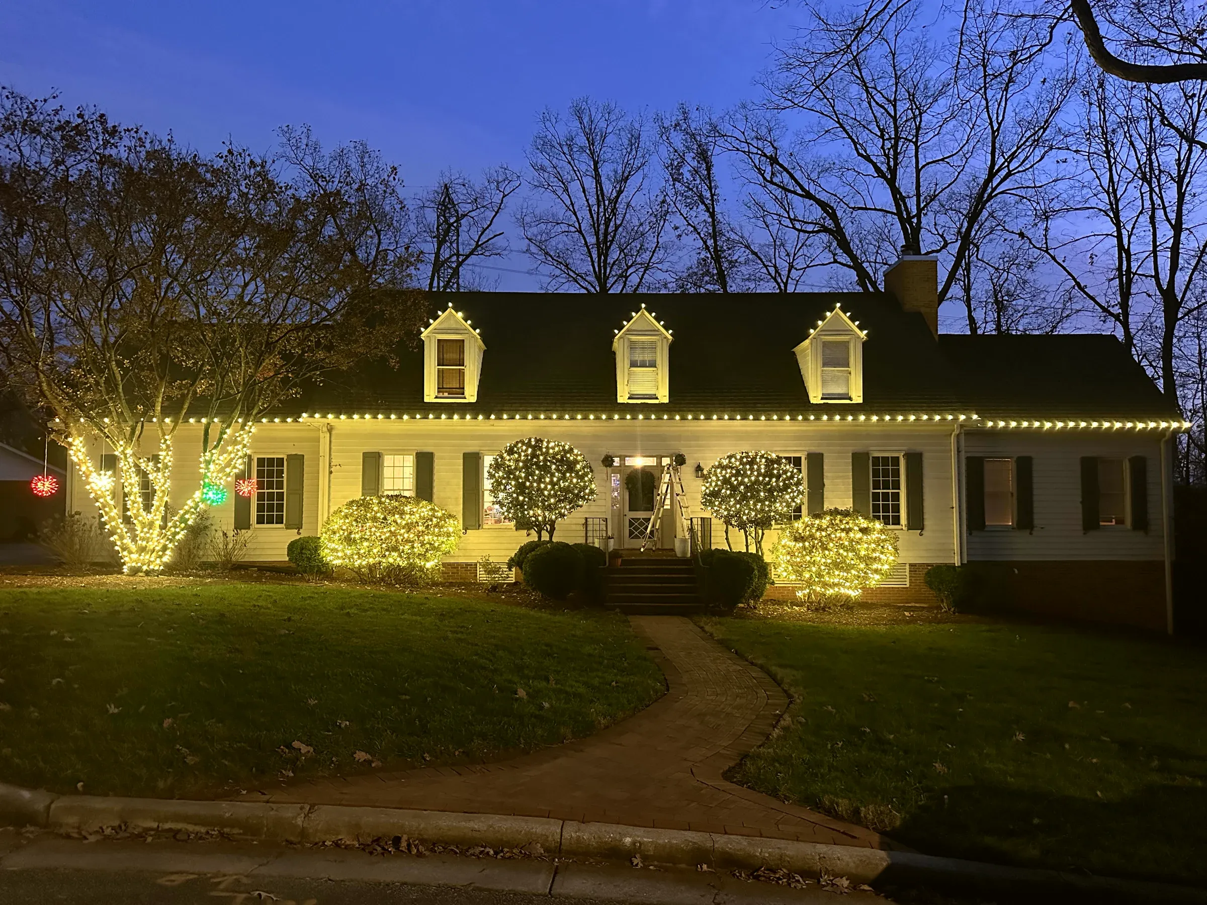 A white colonial house at dusk with the roofline and dormers outlined, two front trees wrapped and the shrubs lit in warm white.